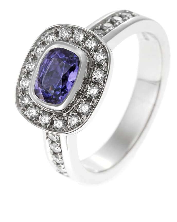 blue cushion cut halo blue engagement ring