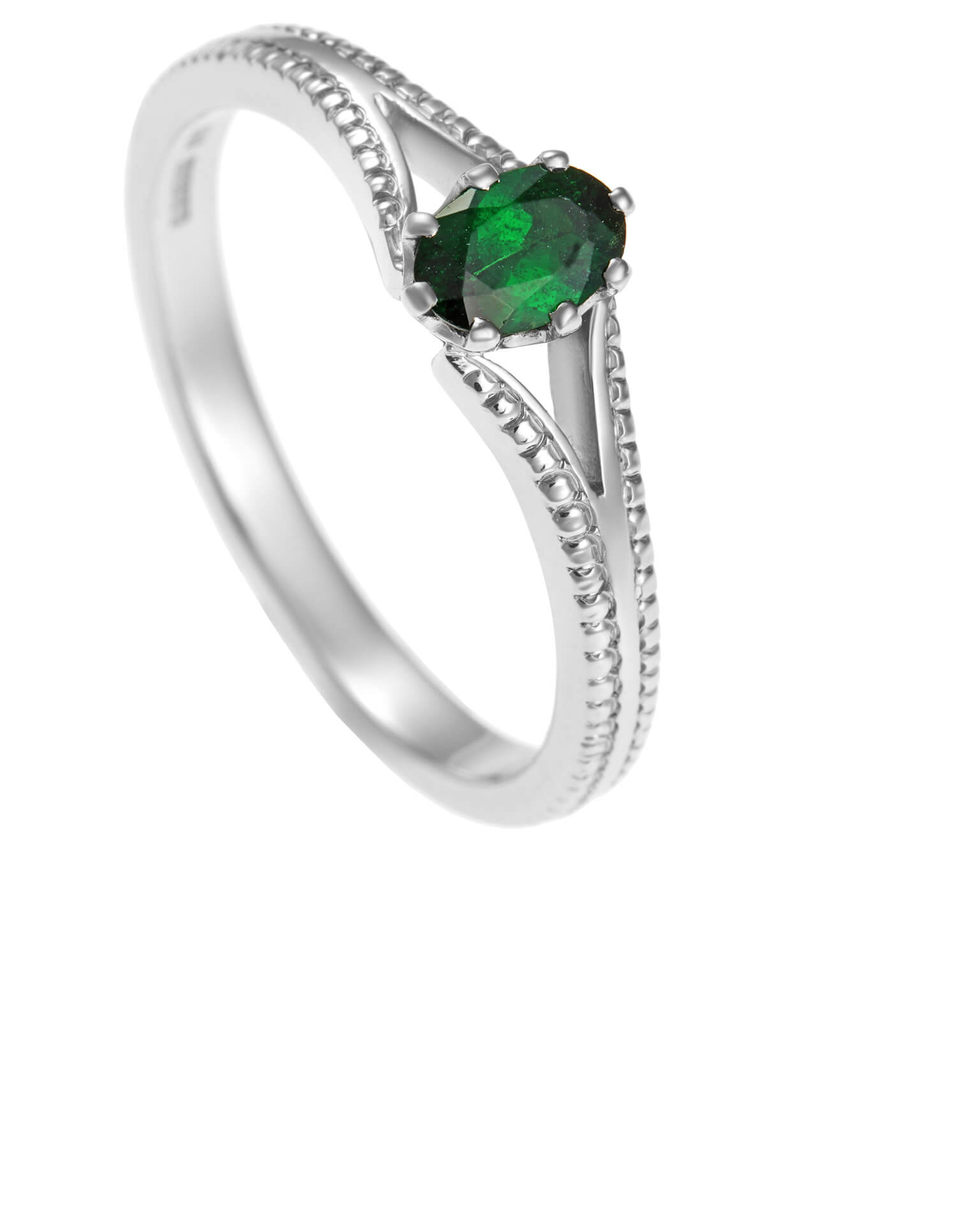 tsavorite engagement ring with engraved shank detail