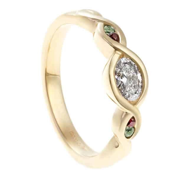 central oval diamond in Celtic style eternity ring
